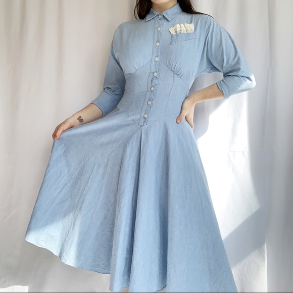 Vintage Dresses & Skirts - Vintage 70s Light Denim Corset Cottage Core Dress